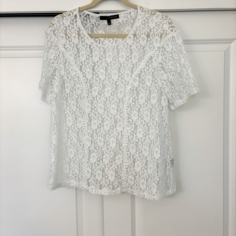 NWOT Harve Bernard white floral lace tshirt overlay L